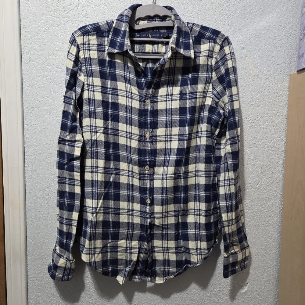 Ralph Lauren Blue Label Navy and Cream Plaid Shirt - Picture 1 of 6